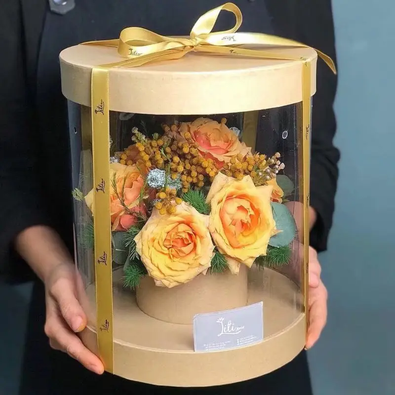 صندوق زهور كوري دائري ، دلو يحمل ترتيب الزهور من كلوريد البولي فينيل ، نافذة شفافة ، صندوق هدايا للزهور
