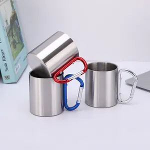 200ml 300ml Camping Travel Portable Double Wall Stainless Steel Metal Carabiner Mug With Handle Coffee Milk Cup
