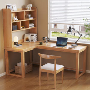 घर के लिए सरल समायोज्य 7 आकार के डबल ऑफिस डेस्क, hutch और भंडारण बुकशेल्फ़ के साथ ठोस लकड़ी एल-आकार की लंबी लेखन डेस्क - Product Image 3