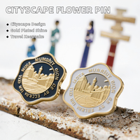 Pin Enamel Berbingkai Bunga Pemandangan Kota OEM, Berlapis Elektro, Embos, Bentuk Kustom, Bros Logam Patriotisme untuk Turis