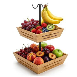Wooden Double Layer Fruit <b>Basket</b> With Hooks <b>Bamboo</b> Storage <b>Basket</b> For Home Kitchen Use - Product Image 1