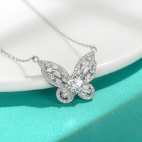 Collier Papillon en Argent Sterling S925 Premium avec Moissanite 1 Carat, Chaîne Câble, Sertissage 4 Griffes - Design Niche Entièrement Sertie de Diamants