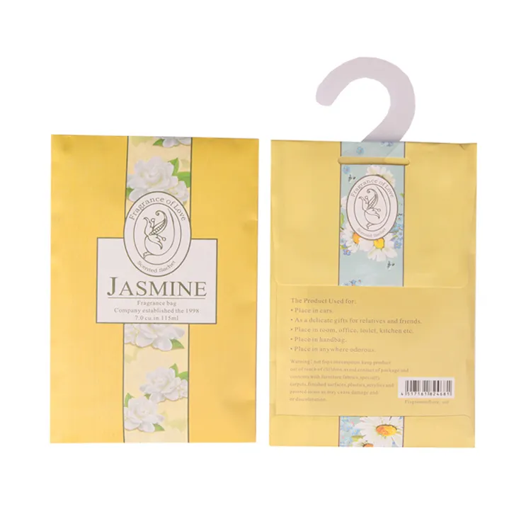 Sachê de papel perfumado com jasmim para pendurar guarda-roupa, embalagem de fragrâncias, preço de atacado