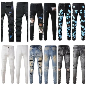 Amirys 2025 Migliori <span class=keywords><strong>Pantaloni</strong></span> Casual da <span class=keywords><strong>Uomo</strong></span>, Jeans Slim Ricamati Stile Biker, Denim Distressed in Cotone, Tendenza Moda Unisex - Product Image 1