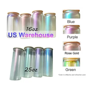 Ons Magazijn 16Oz 25Oz Heldere Transparante Iriserende Sublimatie Soda Kan Regenboog Glitter Glas Met Bamboe Deksel En Stro