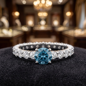 Bague éternelle en diamant bleu vif cultivé en laboratoire avec diamants latéraux ronds, or 10K 14K 18K, argent 925 935 - Product Image 1