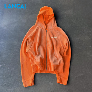 Waffle Zipper Printed 100% Cotton Hoodies Custom Oversized Tracksuits High Quality <b>Zip</b> <b>Hooded</b> Sweatshirt Shorts Set Men - Product Image 3