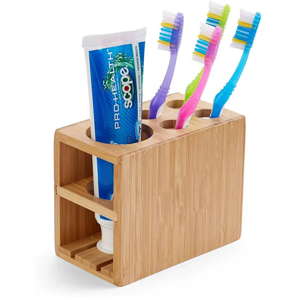 5 slots Bath Toothbrush and Toothpaste Bamboo Holder Stand for Bathroom Vanity Storage