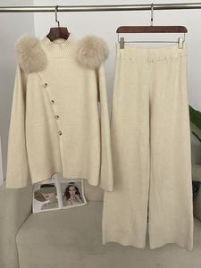 Printemps-Automne Pull Cardigan en Tricot à Demi-Col Roulé avec Épaules en Fourrure <span class=keywords><strong>de</strong></span> Renard Véritable Pantalon Long Ensemble Deux Pièces - Product Image 6