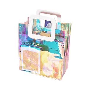 Clear PVC Iridescent Reusable Gift Bag Holographic Handbag Tote Gift Wrap Bag for Party Birthday Christmas
