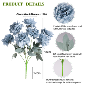 Flores Artificiales de Seda Baratas de Fábrica, Peonía de 7 Cabezas, Centro de Mesa para Boda, Flores Falsas Azules - Product Image 5