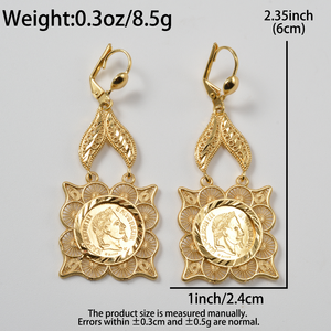 Boucles d'oreilles tendance en gros, style antique, avec pièce de Napoléon en relief, feuille de filigrane, longues et pendantes, en cuivre de qualité supérieure pour femmes - Product Image 6