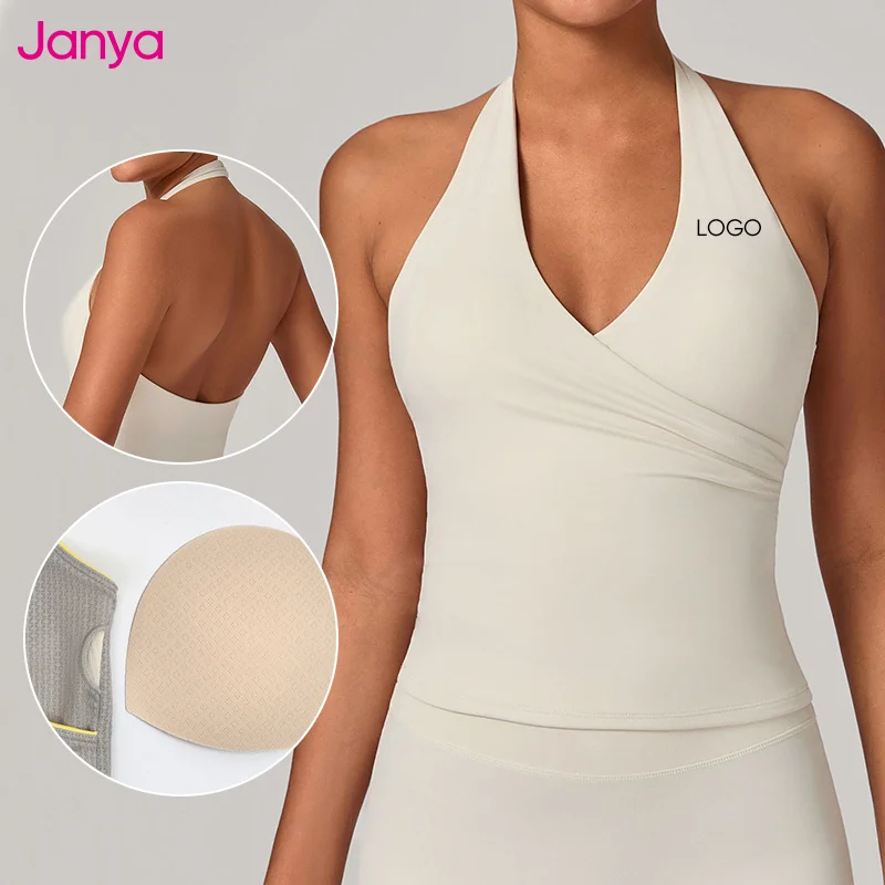 Janya Women's Slim Fit Sleeveless Backless V-Neck Halter Sports Vest Removable Pads Front Breathable Quick Dry Gym Yoga Tank Top
