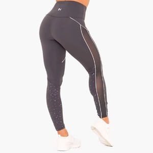 High Waist Full Length <b>Leggings</b> With Dot <b>Pattern</b> And Mesh Panels Sporty Stretch Knitted Spandex Polyester <b>Women's</b> Fitness Wear - Product Image 3