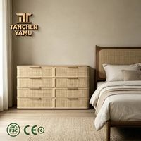 Commode minimaliste en bois massif et rotin à 6 tiroirs, couleur chêne clair, meuble de rangement pour chambre à coucher, tissage artisanal en acier inoxydable