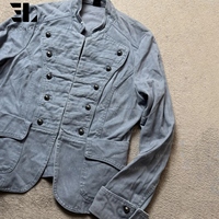 Veste Napoléon en jean vieilli LARSUR, coupe slim, col montant, style motard, avec short en jean, veste hussarde