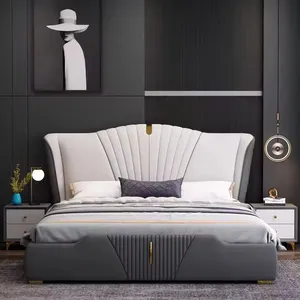 Роскошная двуспальная кровать из натуральной кожи в итальянском стиле с современным дизайном для спальни высокого класса и удобные деревянные кровати