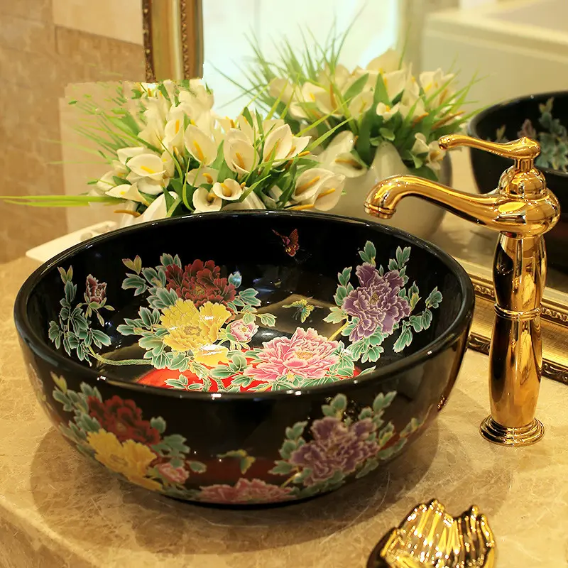 China Europe Style Counter Top Art Wash Basin Round Colorful Flowers Pattern Fashion Design Wash Basin Porcelain Wash Basin