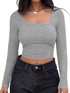 Wholesale Women Ribbed Knit T Shirt Square Neck Long Sleeve <b>Cropped</b> Slim Fit Summer Casual <b>Top</b> Embroidery Logo - Product Image 3