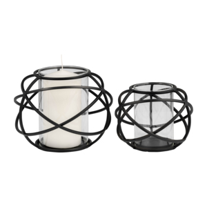 Set di 2 portacandele in metallo a forma di sfera, con struttura in filo metallico nero e inserto in vetro, per centrotavola e decorazioni per la casa - Product Image 3