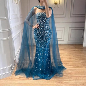 Serene Hill LA73692 Abito da Sera di Lusso Stile Sirena con Perline e Mantella <span class=keywords><strong>in</strong></span> <span class=keywords><strong>Tulle</strong></span> <span class=keywords><strong>Trasparente</strong></span>, Blu Teal, <span class=keywords><strong>Vestito</strong></span> Formale da Cerimonia per Donne - Product Image 4