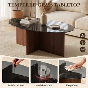Oval Tempered Glass Handmade Modern Convertible Coffee Table Cross Solid Wood Base Heat Resistant Scratch-Proof Home Furniture - Product Image 4