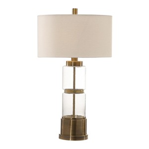 Lampe de table moderne empilée en verre martelé transparent et laiton antique |   Éclairage contemporain élégant pour hôtel de villégiature et maison - Product Image 1