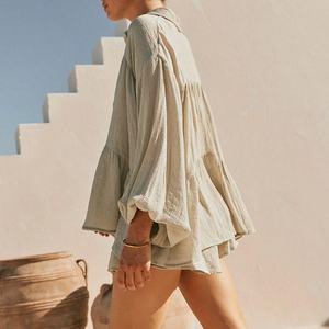 Nuevo Conjunto de Dos Piezas de Lino Personalizado, Camisa de Lino con Cuello Camisero, Pantalones Cortos de Lino con Cintura Elástica y Volantes - Product Image 2