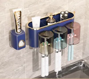 Yeni tasarım duvar montaj otomatik diş macunu dağıtıcı üç bardak diş fırçası tutucu banyo
