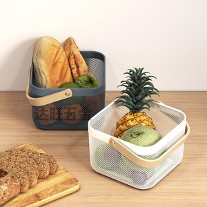 Nordic Risato Wrought Iron Fruit Basket <b>Square</b> With Wooden Handle Kitchen Drain Rack Eco Friendly Storage <b>Frame</b> - Product Image 2