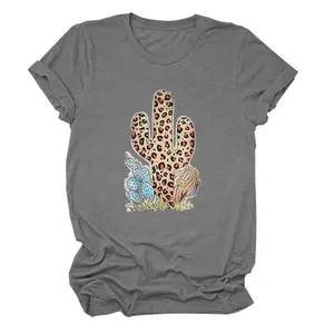 Komik batı tarzı leopar baskı kaktüs desen T Shirt toptan