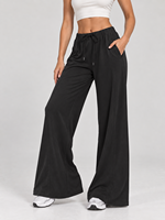 Pantalon large taille haute élastique pour femme avec cordon de serrage, tissu doux et fluide, poches plaquées arrière, coupe droite décontractée pour yoga et fitness