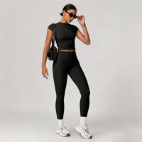 Ensemble de yoga léger GH Factory Price : haut court dos nu et leggings de sport taille haute pour femme, en tissu brossé uni, idéal pour le fitness