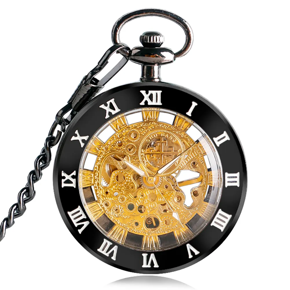 Luxury Carved Roman Numerals Gold Gear Skeleton Steampunk Open Face Mechanical Pocket Watch For Men