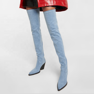 Large Size 46 Women Solid Denim Custom Styles Over Knee High <b>Boots</b> Ladies High Wedge Heels Shoes Pointed Toe Jeans Long Booties - Product Image 6