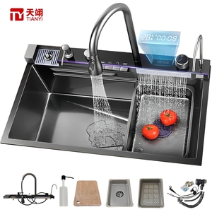 Chậu rửa chén nhà bếp bằng thép không gỉ hiện đại, màn hình kỹ thuật số LED thông minh, làm thủ công, đa chức năng, kiểu thác nước, một ngăn, hình vuông - Product Image 2