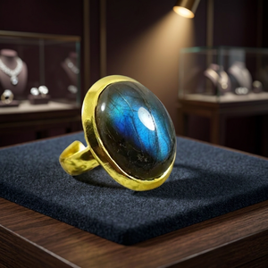 SOUMYA CREATIONS Adjustable Brass <b>Ring</b> <b>18K</b> <b>Gold</b> Plated Labradorite Gemstone Oval Casual Style Bezel Setting Unisex Free Size - Product Image 3