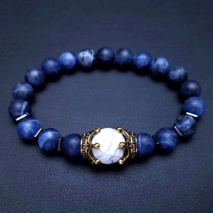 <span class=keywords><strong>Bracelet</strong></span> pour homme en perles de pierre œil de tigre bleue, style couronne antique, élastique, bijoux naturels tendance - Product Image 5