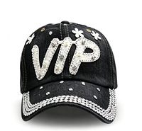 Casquette en jean avec lettres VIP 3D entièrement ornées de strass et petit accent floral blanc, plusieurs couleurs disponibles, vente en gros