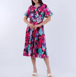 Vendita calda abito da donna con stampa leopardata floreale con scollo a V plissettato con cintura in vita manica corta abito elegante per abbigliamento Casual da festa - Product Image 1