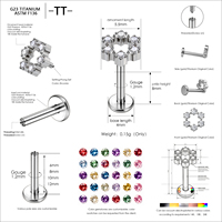Piercing d'oreille en titane ASTM F136 en forme de fleur, à filetage interne, avec zircon, pour labret, hélix, clou d'oreille, bijoux de mode