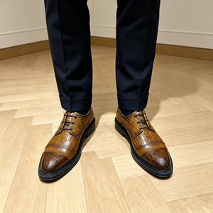 Chaussures Derby italiennes de style vintage premium en cuir verni à semelle épaisse, chaussures habillées formelles pour hommes à bout pointu, chaussures de bureau à bout amande et semelle épaisse - Product Image 6
