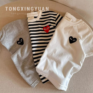 Children's Striped Short Sleeve T-Shirt Cotton Jersey Heart Patch Summer Style Gray Beige Pattern Boys T-Shirt - Product Image 5
