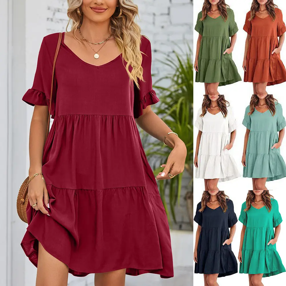 Vestido de verão feminino curto com babado, túnica, decote em V, casual, solto, fluido, balanço, vestidos de verão