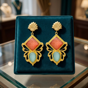 Pendientes Colgantes Hechos a Mano en Aleación de Metal Precioso Chapados en Oro, Estilo Étnico, para Fiestas y Eventos, Joyería de Gemas de Jaipur, Rajasthan, Unisex para Mujer - Product Image 2