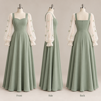Robe longue pour femme en maille transparente tissée lisse avec appliques florales, manches bouffantes, col cœur, coupe trapèze, pour occasions spéciales, vente en gros