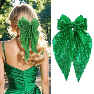 Glitter Sequins Fabric <b>Bow</b> Spring Hair <b>Clip</b> Long Tail Mesh Ribbon Barrette For Xmas Festival Evening Party Hair Decor - Product Image 1