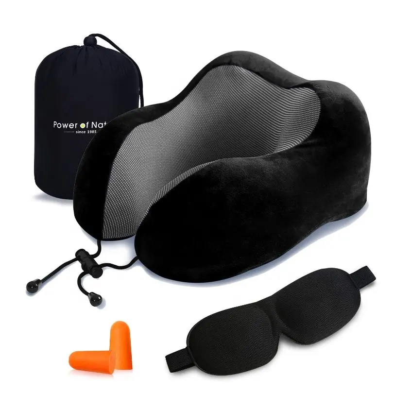 Logo personalizzato pieghevole OEM Set maschera per gli occhi cuscino per il collo cuscino per il collo regolabile confortevole a forma di U cuscino per il collo da viaggio in Memory Foam