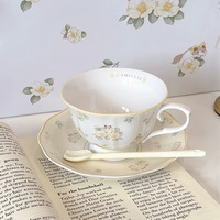 Juego de Taza y Platillo de Cerámica con Diseño de Gato Camelia, Tetera de 350 ml, Rosa/Azul, Estilo Retro Francés, para Café, Té de la Tarde, Caja de Regalo
