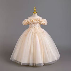 Vestido de Fiesta de Tul con Lazo de Perlas para Niña, Estilo Princesa, Hombros Descubiertos, para Cumpleaños, Bodas, Actuaciones - Product Image 3